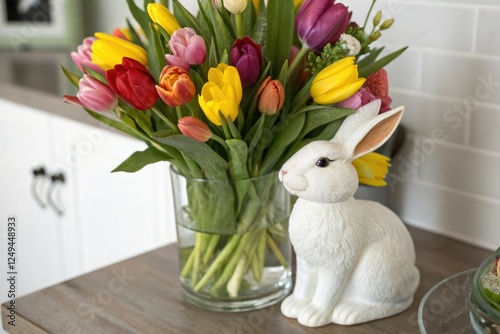 Springtime decor featuring a snow-white bunny figurine sitting amidst a vibrant bouquet of colorful tulips in a modern glass vase, spring flowers, bunny centerpiece