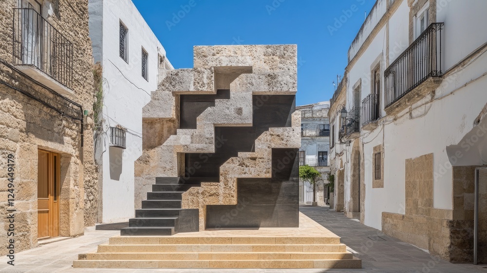 Obraz premium High-contrast modern staircase cutting through geometric volumes in a bold architectural space.