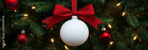 White Ball with Red Ribbon and Green Bow on Christmas Tree - A beautiful white ornament adorned with a red ribbon and green bow hanging from a Christmas tree symbolizing joy cheer harmony giving famil photo