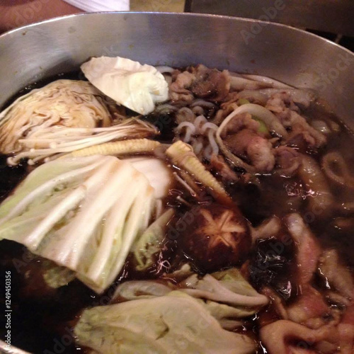 pork, cabbage, mushroom, sukiyaki in hot pot, Japanese hotpot photo