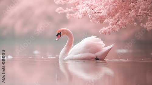 Fototapeta Naklejka Na Ścianę i Meble -  Elegant swan swims serene lake, pink blossoms background, peaceful nature scene, idyllic postcard