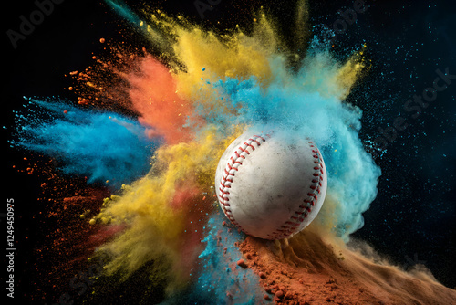 A dynamic image of a baseball colliding with colorful powder, creating an explosion of vibrant orange, blue, and yellow hues against a dark background.