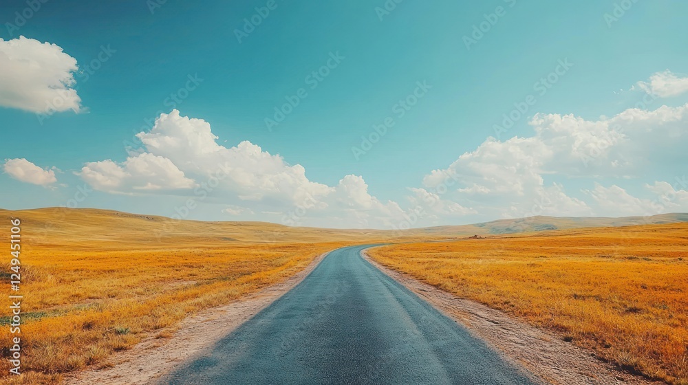 Sunny Country Road Extends Through Golden Field Under a Clear Sky. Possible Use Travel Poster Sunny Country Road Extends Through Golden Field Under a Clear Sky. Possible Use Travel Poster