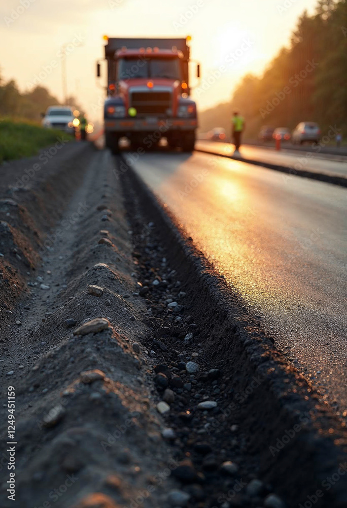 Highway construction site with fresh asphalt, workers, and paving machinery in warm sunlight. Highway construction site with fresh asphalt, workers, and paving machinery in warm sunlight.