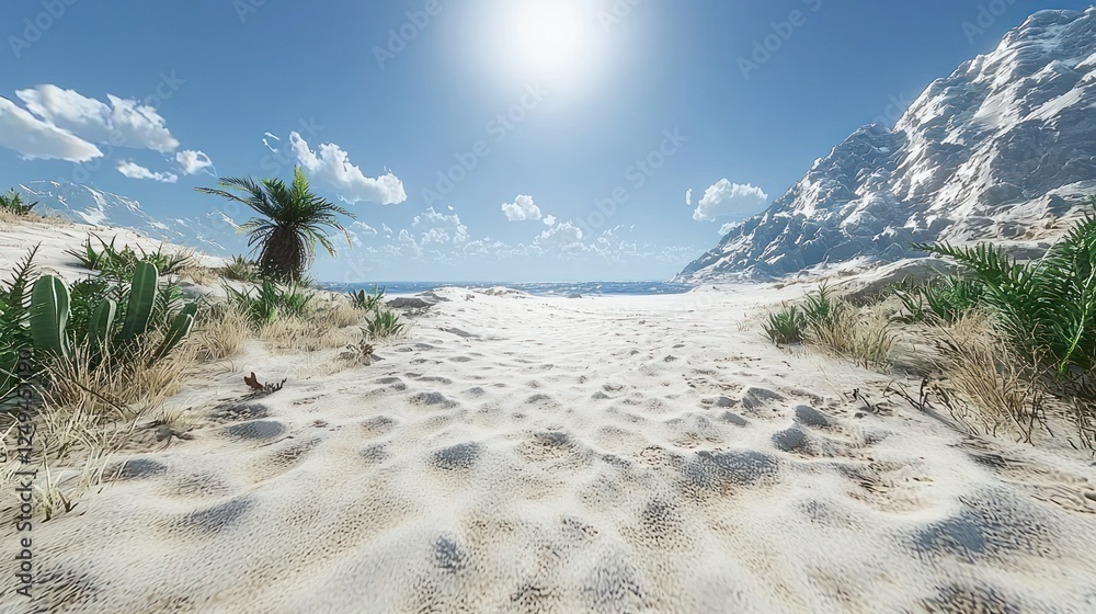 Sunny desert beach path leading to ocean with mountains Sunny desert beach path leading to ocean with mountains