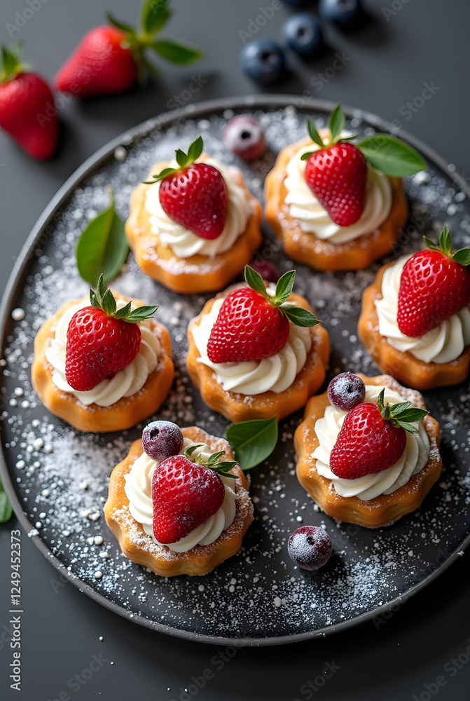Exquisite Dessert Display Featuring Gourmet Pastries Adorned with Whipped Cream, Juicy Berries, and a Touch of Powdered Sugar – A Culinary Delight Exquisite Dessert Display Featuring Gourmet Pastries Adorned with Whipped Cream, Juicy Berries, and a Touch of Powdered Sugar – A Culinary Delight