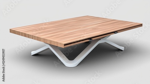 A modern coffee table with a sleek design, featuring a wooden top and a unique white base