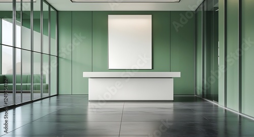 Modern open space office interior with a blank white wall, polished concrete floor, and minimalist desks with sleek, silver legs and ergonomic chairs, illuminated
