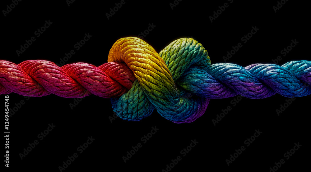 A colorful rope with two knots on the end, symbolizing strength and unity, isolated against a black background. A colorful rope with two knots on the end, symbolizing strength and unity, isolated against a black background.
