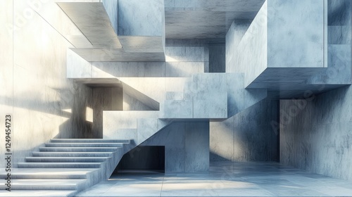 Monochrome modern staircase leading to stacked cubic forms in a geometric layout. -