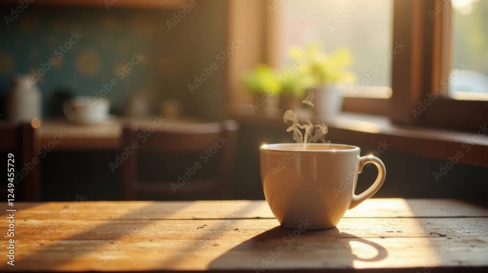 Warm Morning Beverage on Rustic Wooden Tabletop, Sunlight Streaming Through Window Warm Morning Beverage on Rustic Wooden Tabletop, Sunlight Streaming Through Window