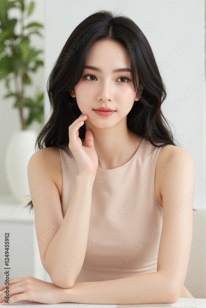 Asian woman in beige, black hair, radiant skin, sitting at a wooden table Asian woman in beige, black hair, radiant skin, sitting at a wooden table