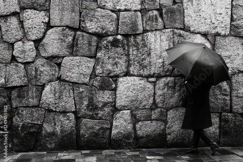 Woman walks with umbrella against a stone wall backdrop photo