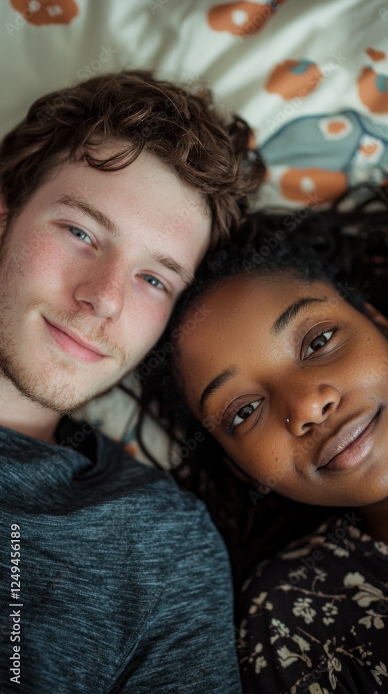 Two individuals, one white man and one black woman, lie closely together on soft bedding, sharing a peaceful moment while looking directly at the camera, radiating intimacy and warmth Two individuals, one white man and one black woman, lie closely together on soft bedding, sharing a peaceful moment while looking directly at the camera, radiating intimacy and warmth