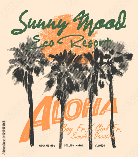 Palm tree summer beach t shirt print design, Vintage Retro sunset or sunrise. surfing with big wave. Sunny Mood slogan. summer vacation. palm paradise.