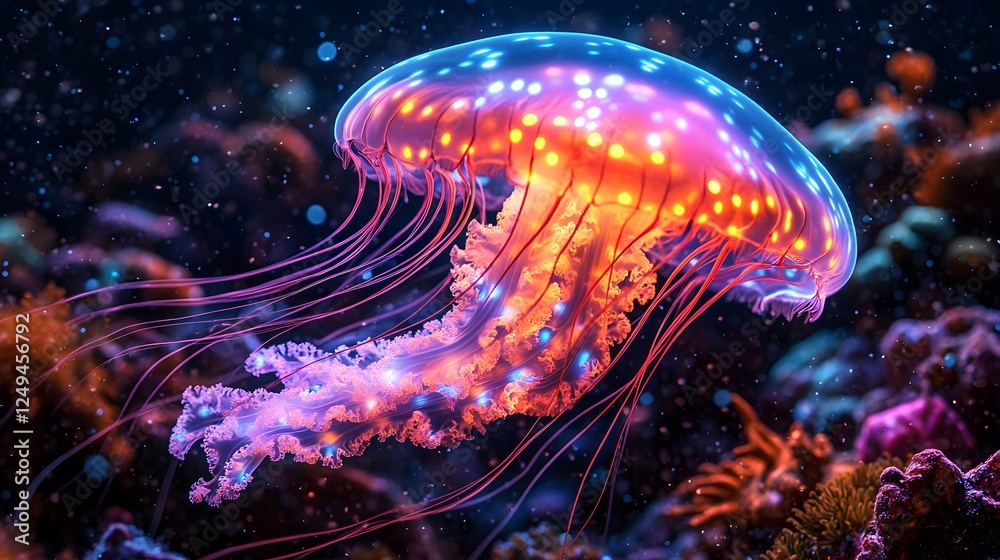 A Majestic Glowing Jellyfish with Ethereal Tentacles Floating in the Enigmatic Depths of the Ocean, Shimmering with Bioluminescent Light A Majestic Glowing Jellyfish with Ethereal Tentacles Floating in the Enigmatic Depths of the Ocean, Shimmering with Bioluminescent Light