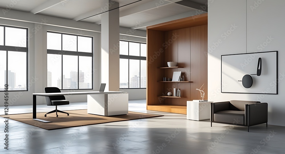 Fototapeta premium A clean, modern office space with a desk, chair, and two potted plants. The room is well-lit and has a minimalist design