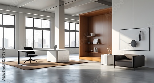 A clean, modern office space with a desk, chair, and two potted plants. The room is well-lit and has a minimalist design