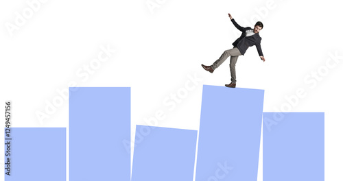 Obraz na płótnie Stock market, danger or man on graph for balance, investment fluctuation or interest rate. Financial crisis, white background or scared trader in studio with price charts, fear or crypto profit risk w salonie