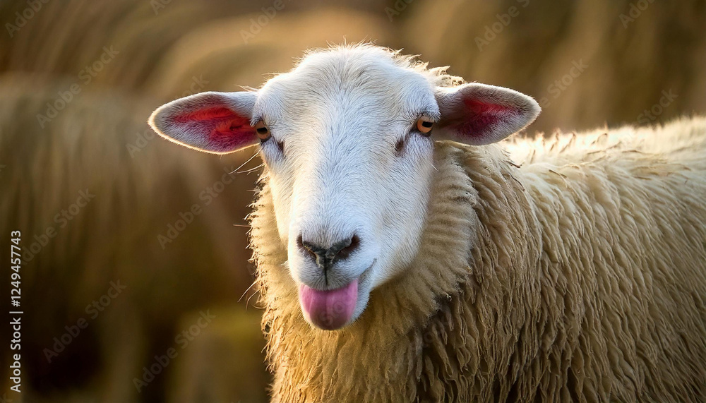 portrait of a sheep sticking its tongue out