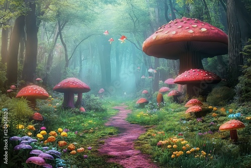 A serene forest path adorned with vibrant mushrooms and blooming flowers, inviting exploration and tranquility. photo