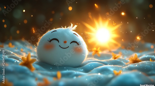 A cheerful, animated character with a cute face surrounded by fluffy clouds and flowers, illuminated by a warm sunrise. This charming scene evokes joy and positivity. photo