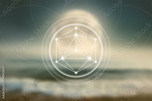 Sacred Geometry, Mystical Merkaba spiritual new age spiritual symbol with interlocking circles, triangles and glowing particles of blurry natural futuristic lunar landscape background, vector design