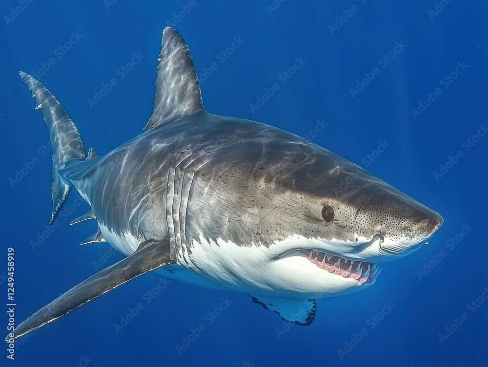 Fototapeta premium Close-up of a great white shark showcasing its powerful teeth and intense gaze in blue waters