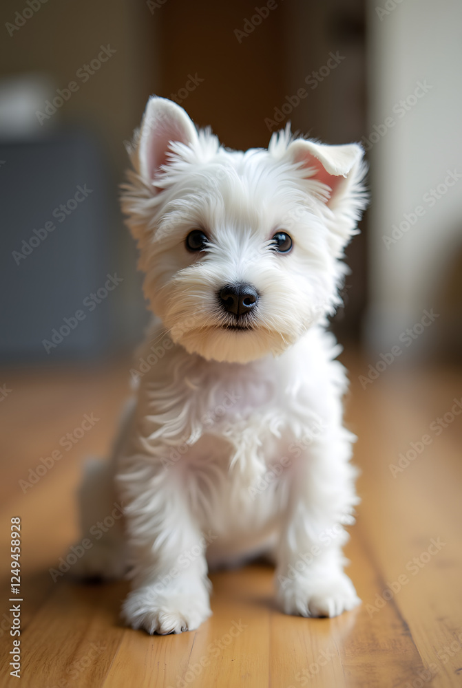 West Highland White Terrier puppy at home: curious and playful West Highland White Terrier puppy sits quietly on wooden floor. West Highland White Terrier puppy at home: curious and playful West Highland White Terrier puppy sits quietly on wooden floor.