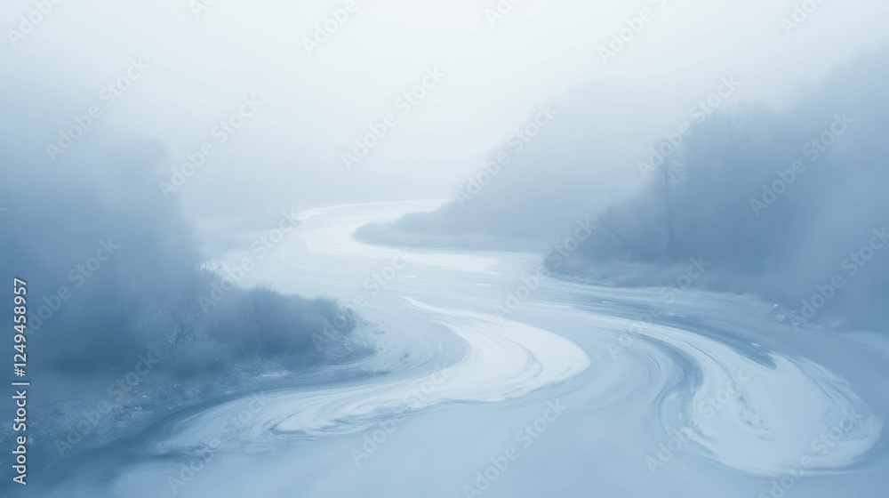 Misty Landscape with Winding River in Soft Blue Tones and Haze
