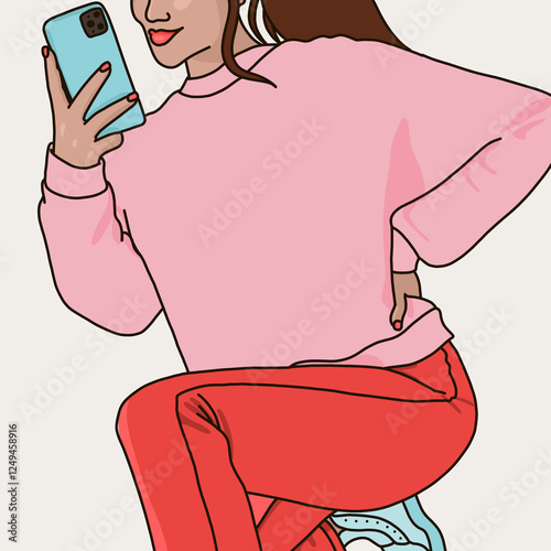 Trendy Woman in Pink Sweater and Red Pants Taking a Mirror Selfie photo