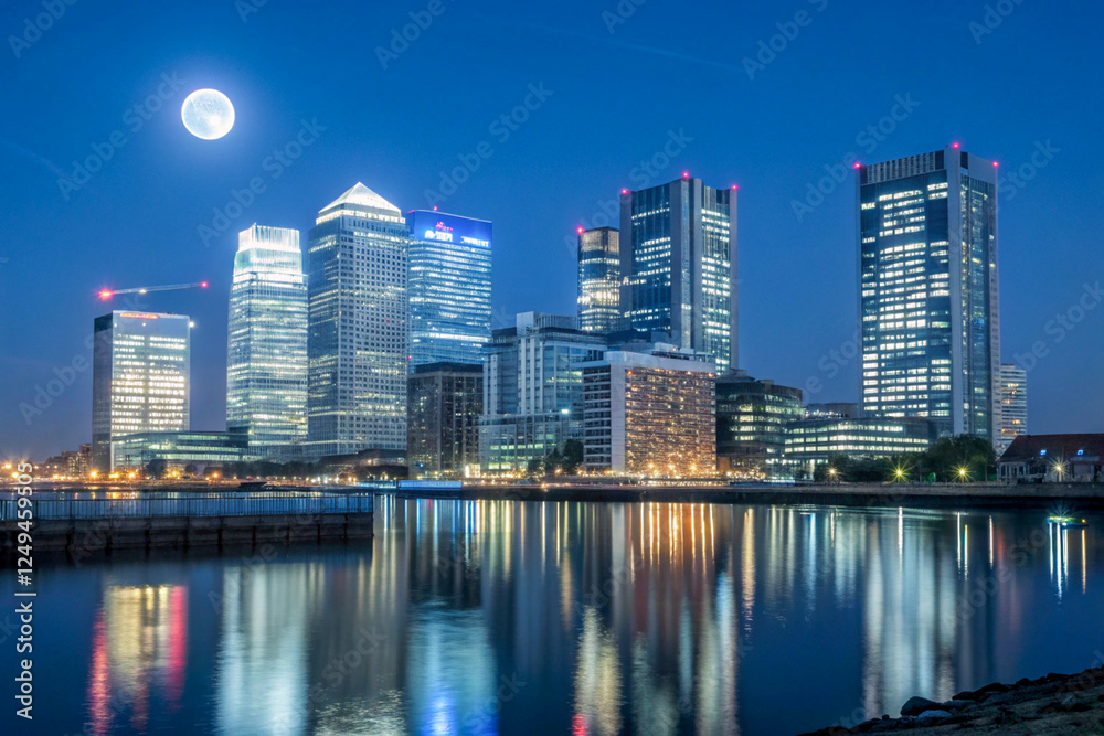 Naklejka premium Canary wharf skyline reflections on the water