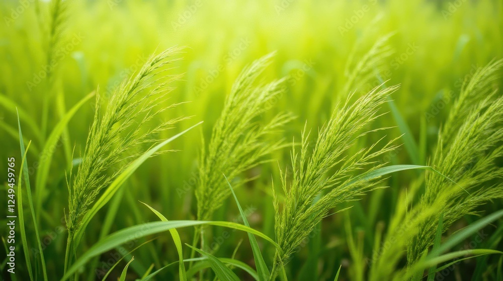 Lush Green Grass Blades Swaying Gently in a Summer Breeze Lush Green Grass Blades Swaying Gently in a Summer Breeze