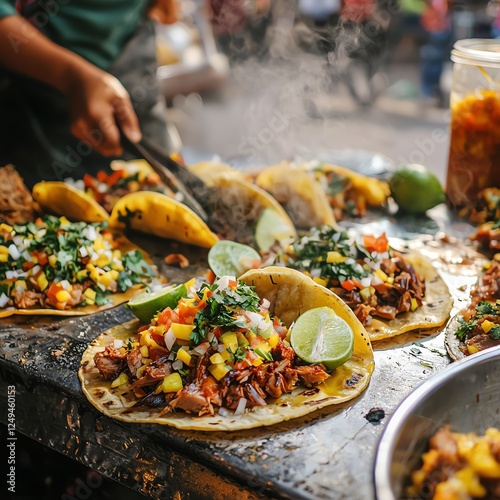 Street food favorites in Mexico City, casual styled photography, natural light, colorful tacos al pastor, fresh lime garnish, vibrant street vendor setup