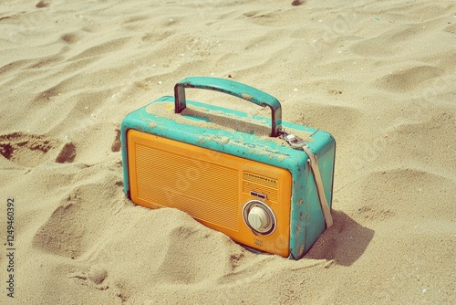 Vintage portable radio partially buried in sand on a sunlit beach in retro style