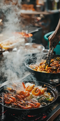 Street food favorites in Singapore, casual styled photography, natural light, chili crab, satay grilling, hawker center atmosphere