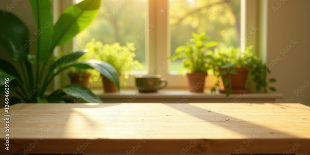 Fototapeta premium Sunlit Wooden Tabletop with Blurred Indoor Plants and Window View