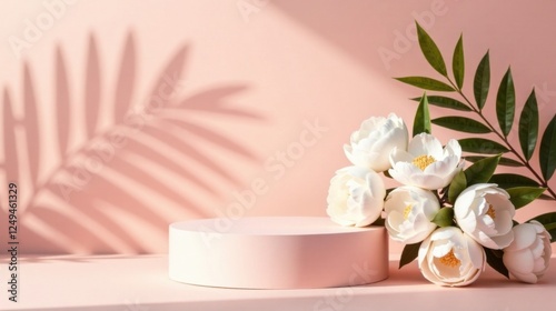 Pastel Pink Display Featuring Delicate White Blooms and Soft Sunlight Shadow