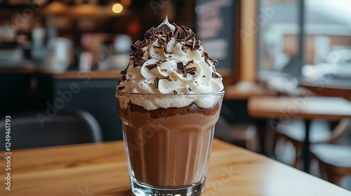 Chocolate drink with whipped cream and chocolate flakes on a table at a coffee shop photo