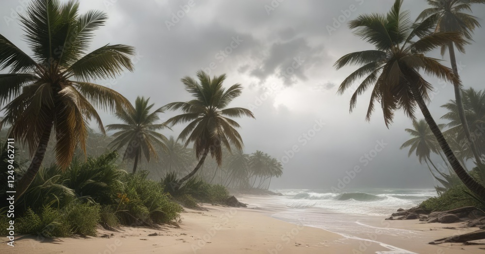 Obraz premium Palm trees being blown over by hurricane-force winds, hurricane force, palm trees blown over, falling palm tree