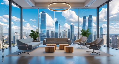 A clean, modern office space with a desk, chair, and two potted plants. The room is well-lit and has a minimalist design