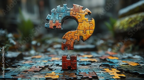 A creative representation of curiosity and discovery, featuring an attention-grabbing puzzle piece shaped like a question mark amidst scattered jigsaw pieces, symbolizing problem-s photo