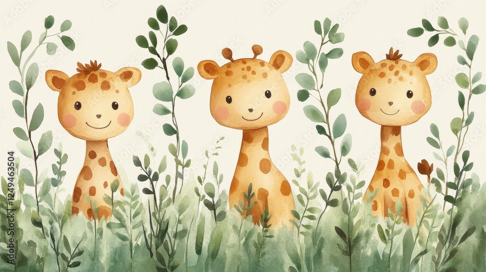 Fototapeta premium Three cheerful giraffes among lush greenery in a playful illustration.