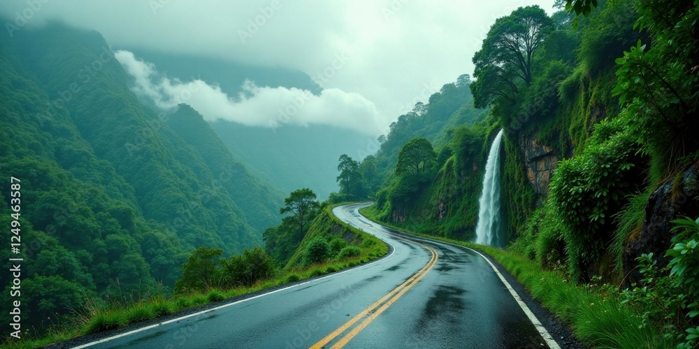 Fototapeta premium Serene Winding Road Beside a Lush Waterfall in a Misty Mountain Valley