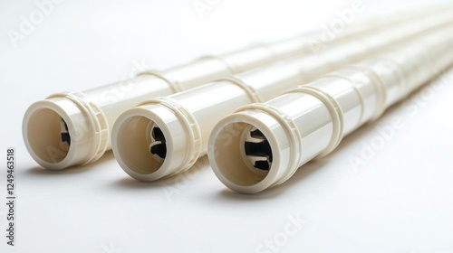 Three cream-colored plastic pipes arranged on a white background photo