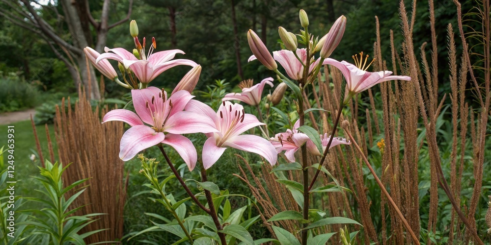 Obraz premium Pink lily flowers in a garden amidst green foliage with brown stems, nature photography, natural landscape