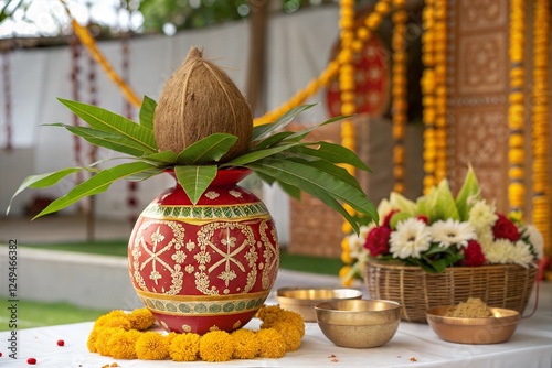 Copper and gold kalash with coconut and mango leaf with marigold flower decoration at the bottom for hindu puja 