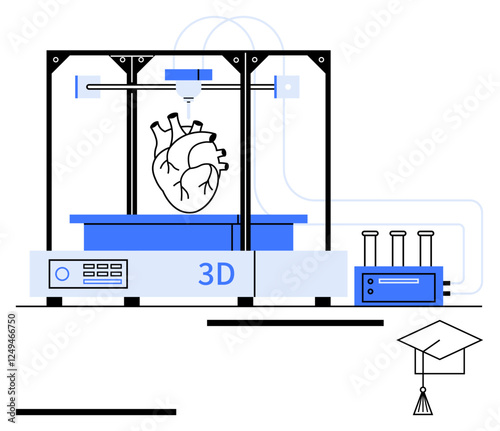 3D printer fabricates detailed human heart model with scientific lab tools and graduation cap nearby. Ideal for healthcare, innovation, biotechnology, education, research, anatomy, abstract line flat