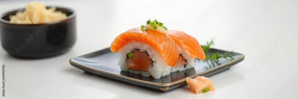 Salmon sushi nigiri served with pickled ginger and wasabi, spicy kick, food pairing Salmon sushi nigiri served with pickled ginger and wasabi, spicy kick, food pairing