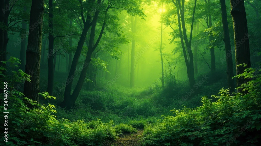 Obraz premium Lush Green Forest with Sunlight Streaming Through Misty Trees